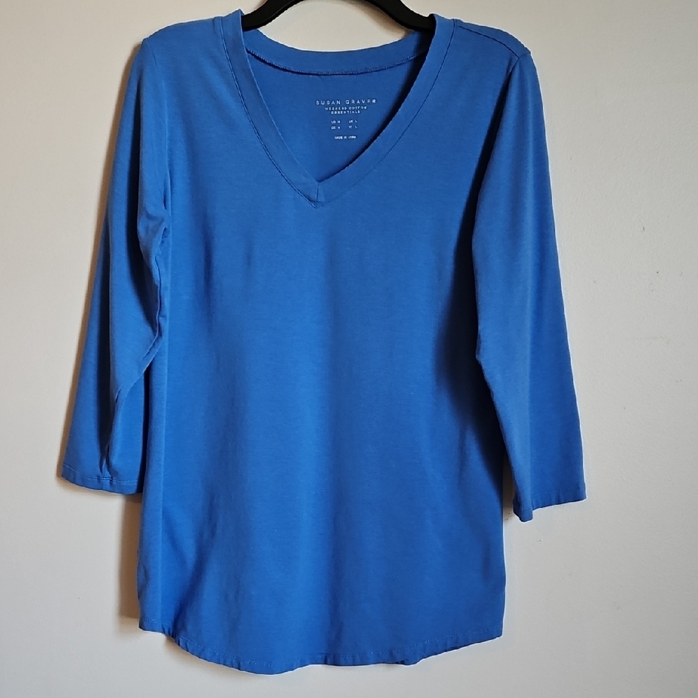 Susan Graver M Tee 3/4 Sleeve V Neck Blue Casual Wardrobe Basic Sretchy
